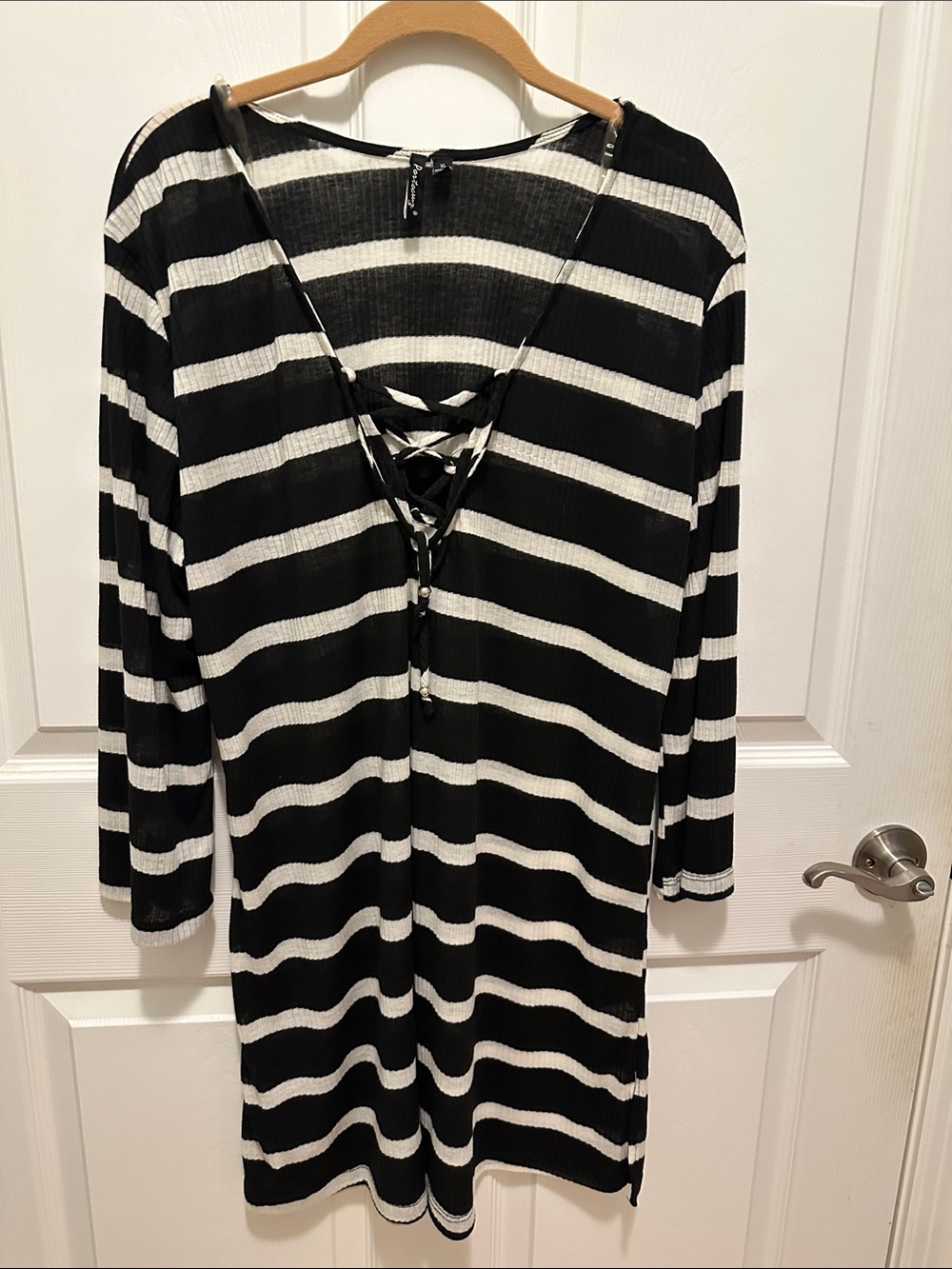 Portocruz Black & White Striped Lace-Up Swim Coverup